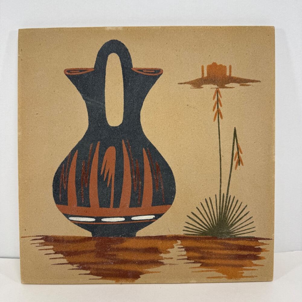 Vintage Sand Painting American Indian Style Wedding Vase Signed Southwest Art